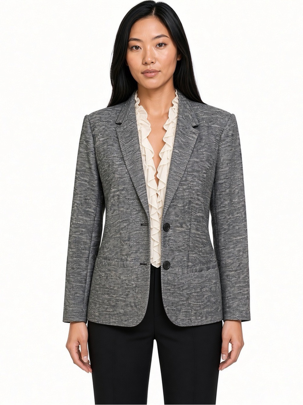 Lucky Brand Two Button Everyday Blazer Size 8 Black Grey Tweed